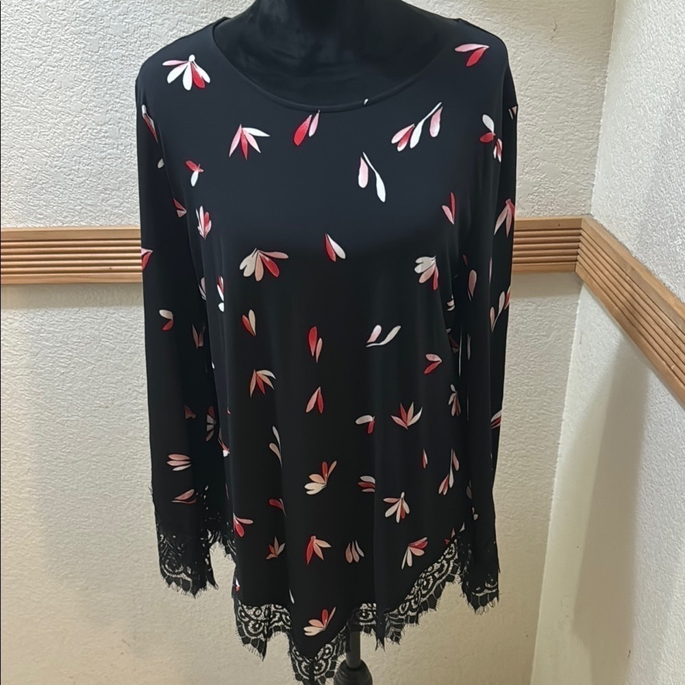 Alfani Size L Black Floral Women's Top with Lace Trim!!